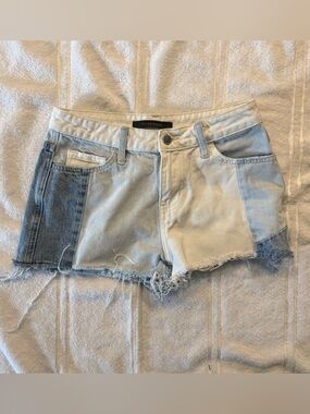 Flying Monkey High Rise Patchwork Color Block Denim Shorts Raw Hem Size 25